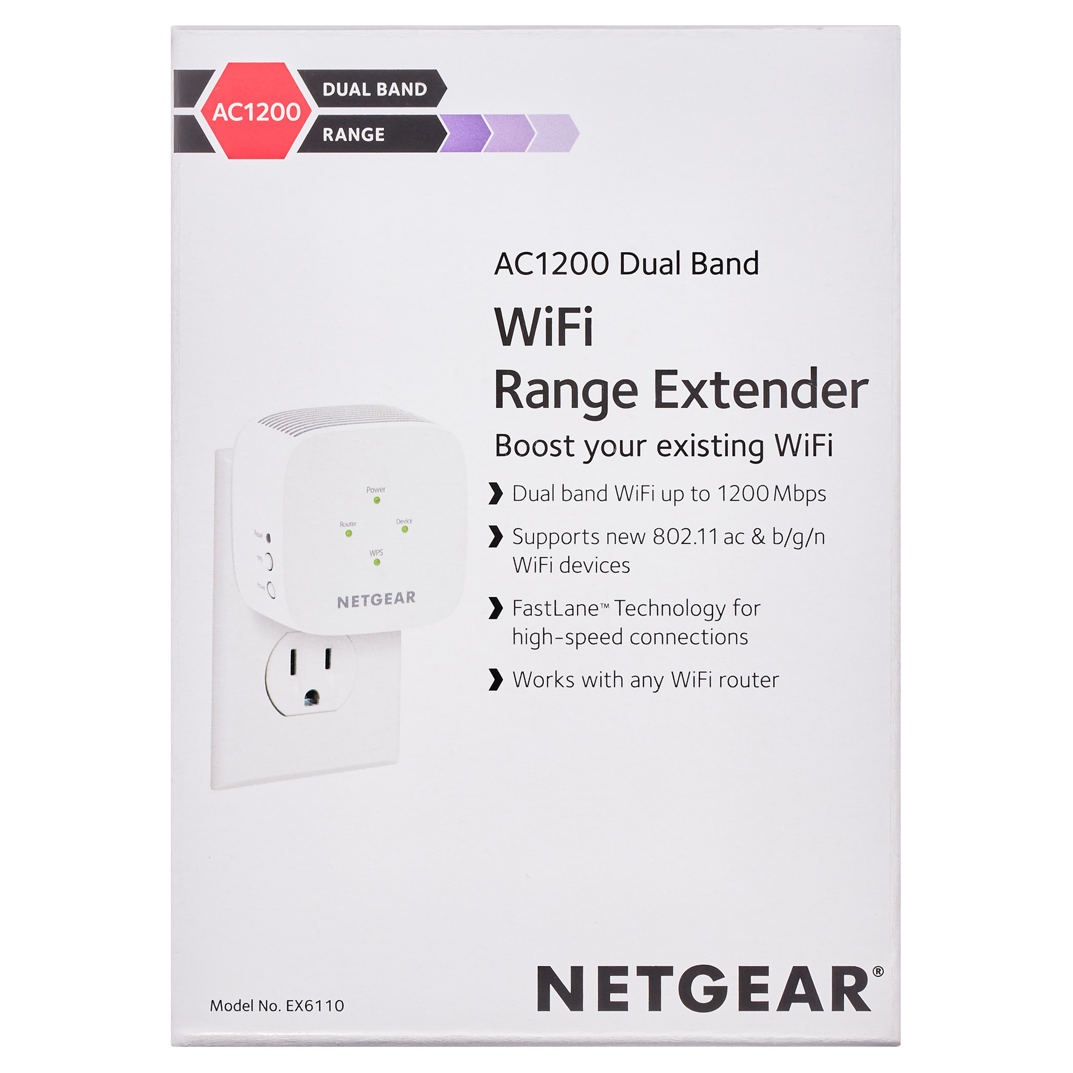 NETGEAR - AC1200 WiFi Range Extender and Signal Booster, Wall-plug, White, 1.2Gbps (EX6110) - image 1 of 10