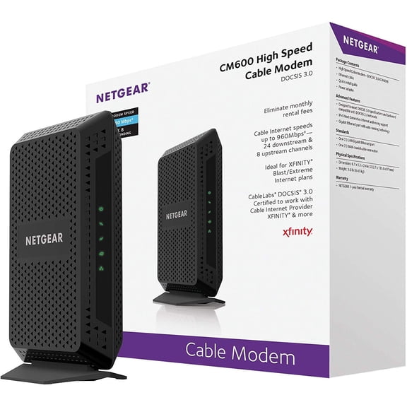 NETGEAR Cable Modem 24x8 DOCSIS 3.0 Max Speed 960Mbps Certified for XFINITY by Comcast, Spectrum, COX & More (CM600)