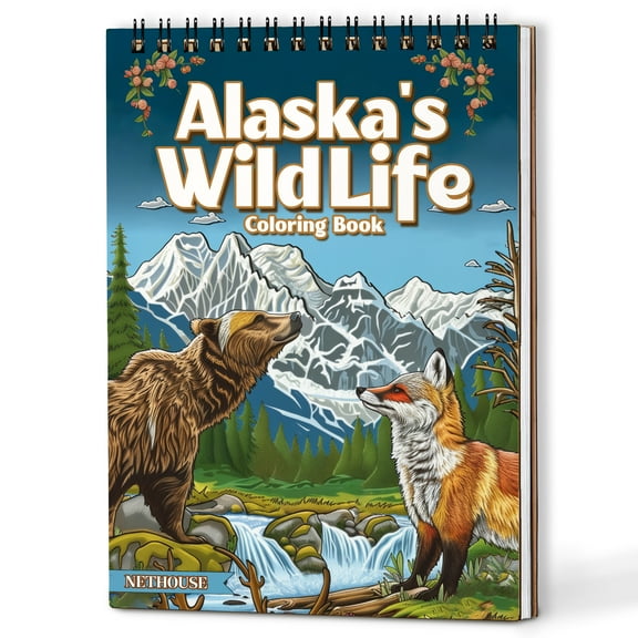 NETHOUSE Alaska's WildLife Spiral Coloring Book for Adults, A5 Wooden Cover, 30 Coloring Pages of Majestic Alaskan Animals, Eagle, Bear, Wolf, Northern Landscapes, Wildlife Illustration