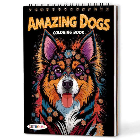 NETHOUSE Amazing Dogs Spiral Coloring Book for Adults, A5 Wooden Cover, 30 Coloring Pages of Mandala Dogs, Canine Portraits, Adorable Dog Breeds, Floral Pattern, Whimsical Pooch Designs