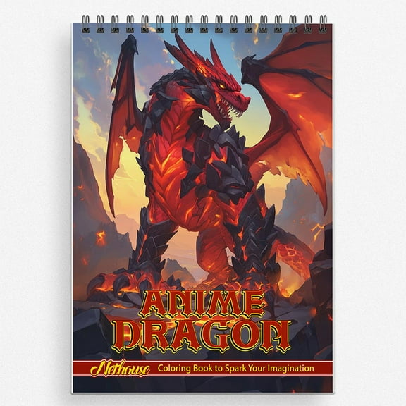 NETHOUSE Anime Dragons Coloring Book For Adults Relaxation & Stress Relief, 30 Coloring Pages of Fierce Anime Dragons, Mythical Creatures, Dynamic Poses, and Fantasy Fire Scenes