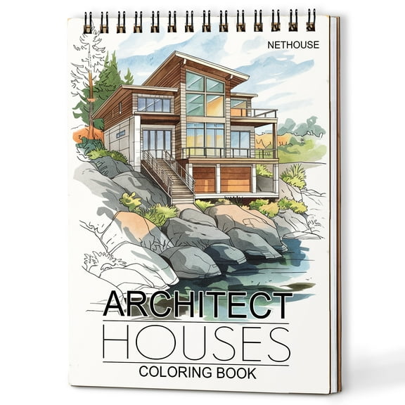 NETHOUSE Architect Houses Spiral Coloring Book for Adults, A5 Wooden Cover, 30 Coloring Pages of Stunning Modern Homes, Classic Architectural Designs, Interior Details, Building Concepts