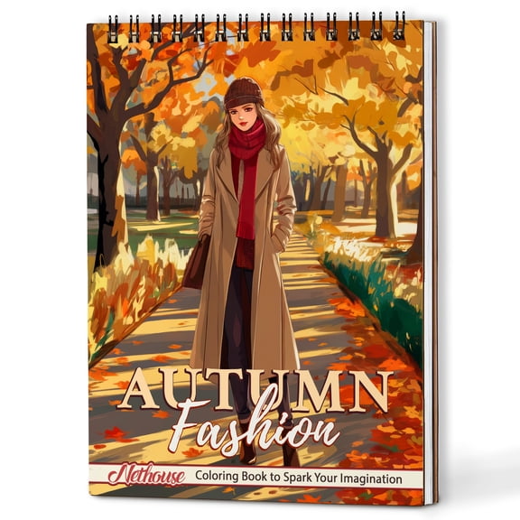 NETHOUSE Autumn Fashion Coloring Book Spiral Bound for Adults, A5 Wooden Cover, 30 Charming Coloring Pages of Autumn Outfits for Stress Relief and Relaxation