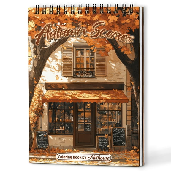 NETHOUSE Autumn Scenes Spiral Coloring Book for Adults, A5 Wooden Cover, Softcover, 30 Coloring Pages of Cozy Fall Landscapes, Autumn Leaves, Harvest Time, Scenic Nature Illustrations
