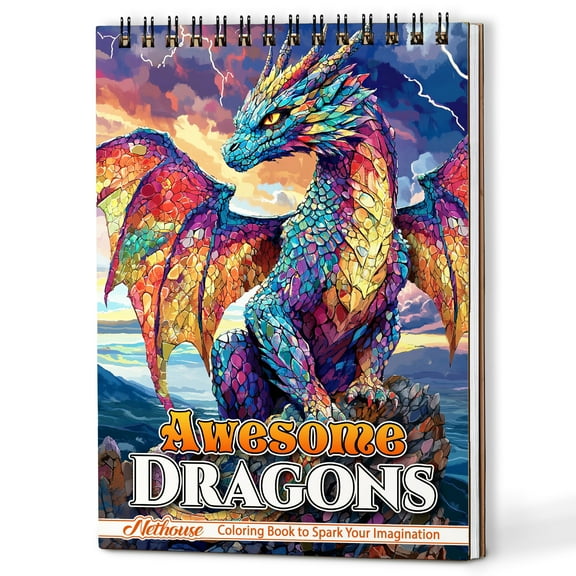 NETHOUSE Awesome Dragons Spiral Coloring Book for Adult Relaxation & Stress Relief, A5 Wooden Cover, 30 Coloring Pages of Fierce and Majestic Dragon Illustrations, Mystical Creatures, Fantasy Design