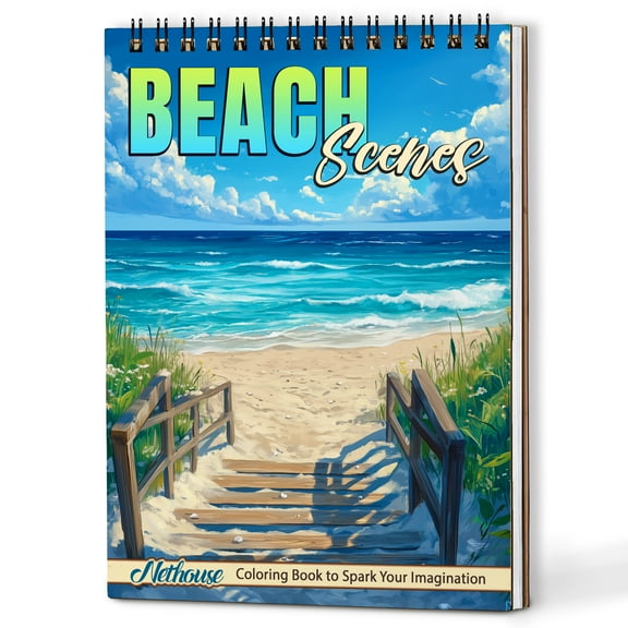 NETHOUSE Beach Scenes Coloring Book Spiral Bound for Adults, A5 Wooden Cover, 30 Beautiful Coloring Pages in Tropical Seaside Scenes for Stress Relief and Relaxation