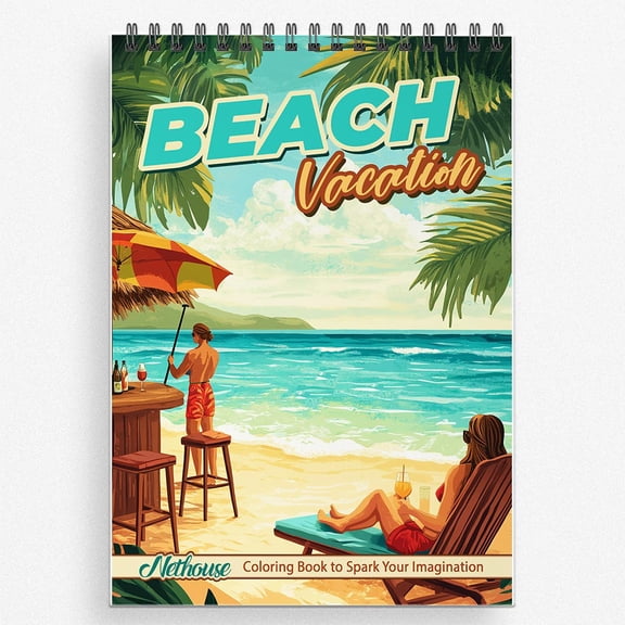 NETHOUSE Beach Vacation Coloring Book For Adults Relaxation & Stress Relief, 30 Coloring Pages of Sunny Beaches, Tropical Scenes, Relaxing Vacation Vibes, and Ocean Waves