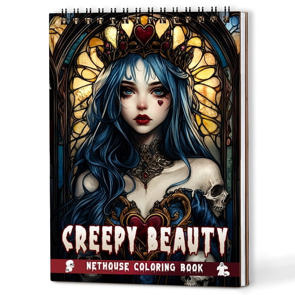 NETHOUSE Beautiful Creepy Spiral Coloring Book for Adults, A5 Wooden Cover, 30 Coloring Pages of Enchantingly Dark Female Portraits, Gothic Fashion, Elegant Skulls, Ghostly Enchanting Scenes