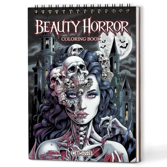 NETHOUSE Beauty Horror Spiral Coloring Book for Adults, A5 Wooden Cover, 30 Coloring Pages of Hauntingly Beautiful Female Portraits, Gothic Elegance, Intricate Skulls, Macabre Floral Designs