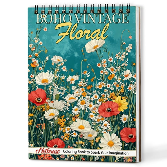 NETHOUSE Boho Vintage Floral Spiral Coloring Book for Adults, A5 Wooden Cover, 30 Minimal Retro Wildflower Coloring Pages Of Designed Blooms Inspired by the The Bohemian Aesthetic