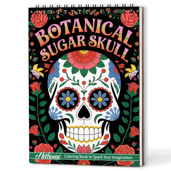 NETHOUSE Botanical Sugar Skull Coloring Book for Adults, A5 Wooden Cover, 30 Beautiful Coloring Pages of Skull with Flower for Stress Relief and Relaxation, Spiral Bound Edition