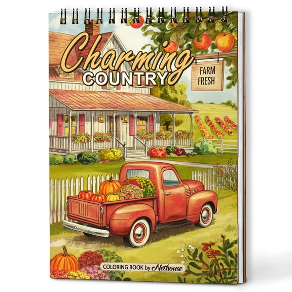 NETHOUSE Charming Country Spiral Coloring Book for Adults, A5 Wooden Cover, 30 Coloring Pages of Rustic Farmhouses, Countryside Views, Vintage Barns, Cozy Cottages, Peaceful Landscapes