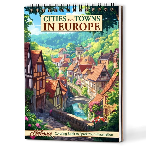 NETHOUSE Cities and Towns In Europe Coloring Book Spiral Bound for Adults, A5 Wooden Cover, 30 Historic Places Coloring Pages of European Exploration for Stress Relief and Relaxation