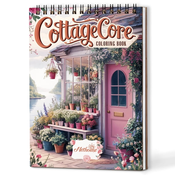 NETHOUSE Cottagecore Spiral Coloring Book for Adults Relaxation & Stress Relief, A5 Wooden Cover, 30 Coloring Pages of Charming Rustic Cottages, Peaceful Vibes, Nature Scenes, Wildflower Meadows