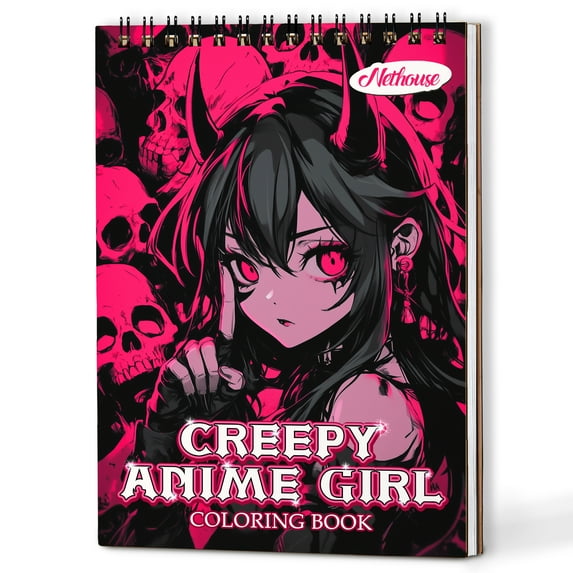 NETHOUSE Creepy Anime Girl Coloring Book Spiral Bound for Adults and Anime Fans, A5 Wooden Cover, 30 Terrifying Coloring Pages of Creepy Manga Girl Collections for Stress Relief and Relaxation