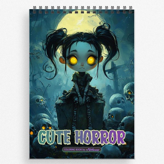NETHOUSE Cute Horror Coloring Book For Adults Relaxation & Stress Relief, 30 Coloring Pages of Adorably Spooky Characters