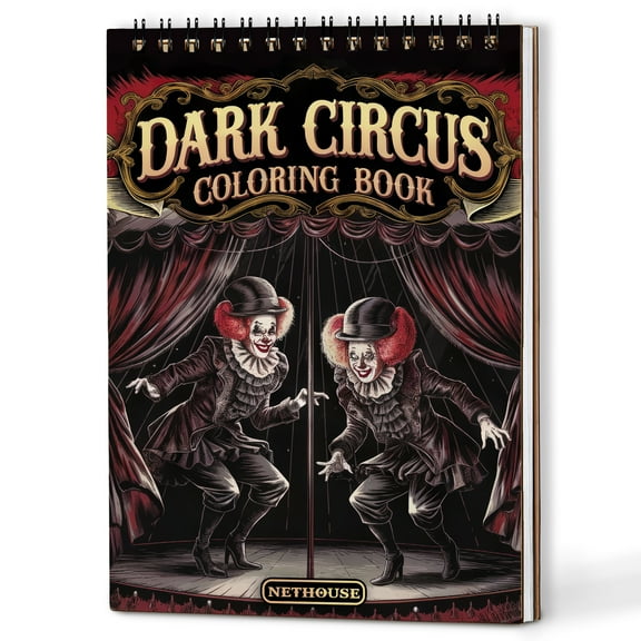 NETHOUSE Dark Circus Spiral Coloring Book for Adults, A5 Wooden Cover, 30 Coloring Pages of Eerie Clowns, Mysterious Performers, Haunted Circus Tents, and Creepy Carnival Scenes