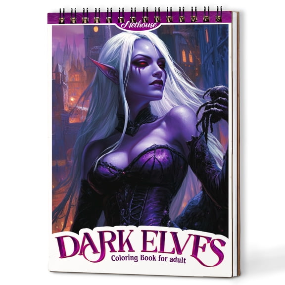 NETHOUSE Dark Elves Spiral Coloring Book for Adults Relaxation & Stress Relief, A5 Wooden Cover, 30 Enchanted Coloring Pages of Mystical Elves, Magical Creatures, Shadowy Forests, and Fantasy Scenes