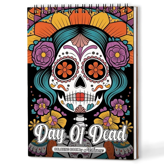 NETHOUSE Day Of Dead Spiral Coloring Book for Adults Relaxation & Stress Relief, A5 Wooden Cover, 30 Coloring Pages of Sugar Skulls, Mexican Folk Art, Floral Patterns Illustrations
