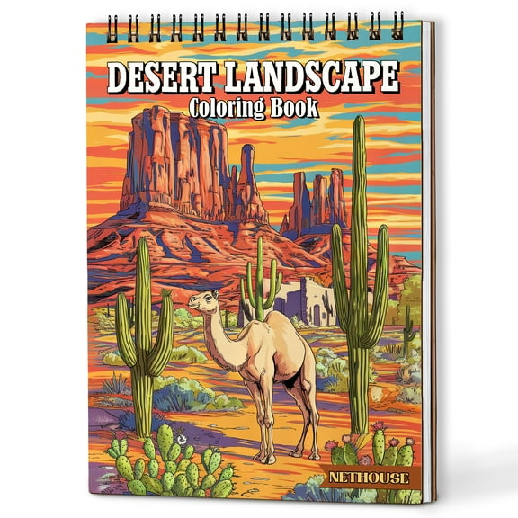 NETHOUSE Desert Landscape Spiral Coloring Book for Adults Relaxation & Stress Relief, A5 Wooden Cover, 30 Beautiful Coloring Pages of Serene Desert Scenes, Sand Dunes, Cacti, Sunsets and Wildlife