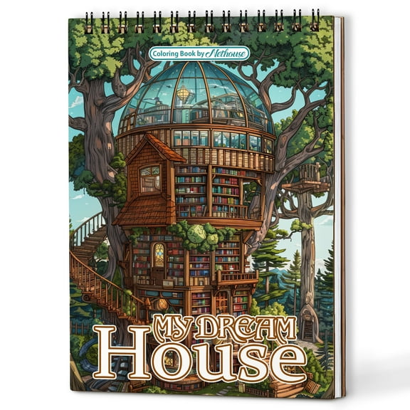 NETHOUSE My Dream House Spiral Coloring Book for Adults, A5 Wooden Cover, Softcover, 30 Coloring Pages of Imaginative Dream Homes, Cozy Interiors, Beautiful Architecture and Lush Gardens