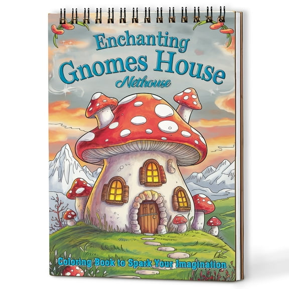NETHOUSE Enchanting Gnomes House Spiral Coloring Book for Adults, A5 Wooden Cover, 30 Coloring Pages of Whimsical Gnome Homes, Magical Forest Scenes, Mushrooms and Charming Woodland Designs
