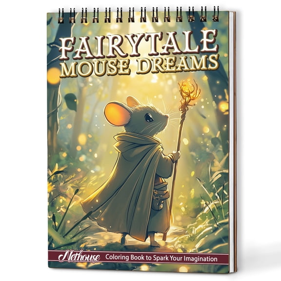 NETHOUSE Fairytale Mouse Dreams Coloring Book Spiral Bound for Adults, A5 Wooden Cover, 30 Coloring Pages of Adorable Mice, Enchanted Forest, Small Castles for Stress Relief and Relaxation