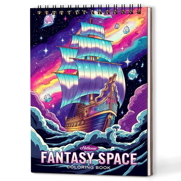 NETHOUSE Fantasy Space Spiral Coloring Book for Adults Relaxation & Stress Relief, A5 Wooden Cover, 30 Coloring Pages of Surreal Cosmic Landscapes, Mystical Planets, Celestial Patterns, Astronaut