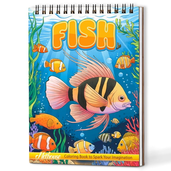 NETHOUSE Fish Coloring Book Spiral Bound for Adults, A5 Wooden Cover, 30 Delight Coloring Pages of Marine Life for Stress Relief and Relaxation
