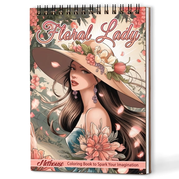 NETHOUSE Floral Lady Coloring Book Spiral Bound for Women and Adults, A5 Wooden Cover, 30 Alluring Coloring Pages in Feminine Power of Nature for Stress Relief and Relaxation