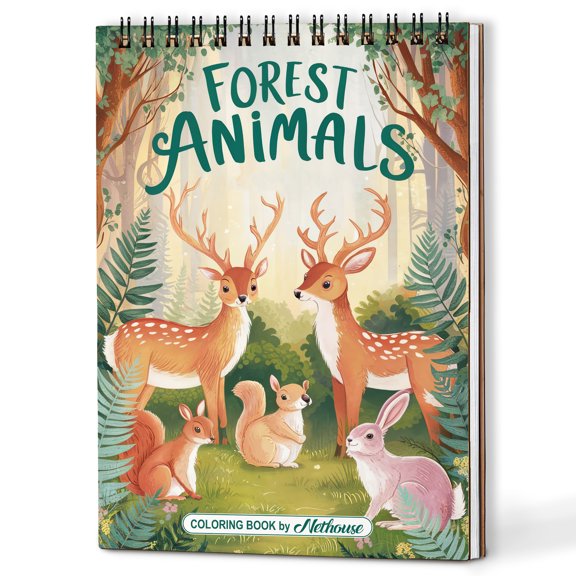 NETHOUSE Forest Animals Spiral Coloring Book for Adults, A5 Wooden Cover, 30 Stunning Coloring Pages of Cute Squirrels, Rabbits, Deers, Woodland Creatures and Detailed Nature Scenes