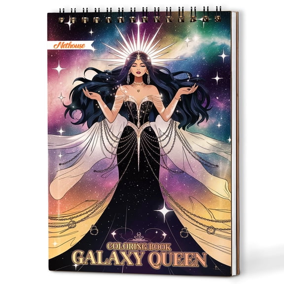 NETHOUSE Galaxy Queen Coloring Book Spiral Bound for Adults and Women, A5 Wooden Cover, 30 Celestial Goddess Coloring Pages of Space Adventures for Stress Relief and Relaxation