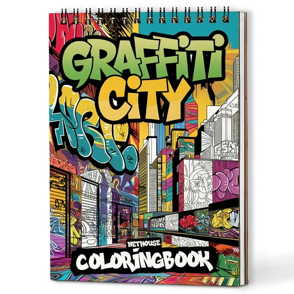 NETHOUSE Graffiti City Spiral Coloring Book for Adults, A5 Wooden Cover, Softcover, 30 Coloring Pages of Urban Graffiti Art, Street Murals, Cityscapes, Bold Colorful Hip Hop Illustrations