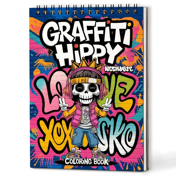 NETHOUSE Graffiti Hippy Spiral Coloring Book for Adults, A5 Wooden Cover, 30 Coloring Pages of Hippy Style, Graffiti Letters, Bold Graffiti Designs, Groovy Illustrations, Retro Street Art