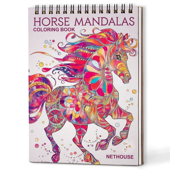 NETHOUSE Horse Mandalas Spiral Coloring Book for Adults Relaxation & Stress Relief, A5 Wooden Cover, 30 Coloring Pages of Elegant Horses, Intricate Mandala Patterns, Stunning Equine Illustrations