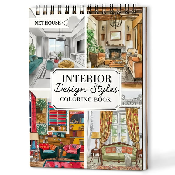 NETHOUSE Interior Design Styles Spiral Coloring Book for Adults Relaxation & Stress Relief, A5 Wooden Cover, 30 Stunning Coloring Pages of Modern Houses, Home Decor Patterns, Elegant Designs