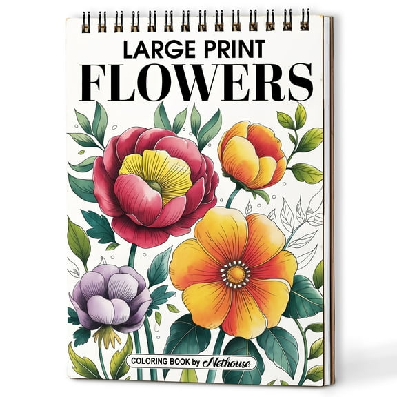 NETHOUSE Large Print Flowers Spiral Coloring Book for Adults, A5 Wooden Cover, 30 Stunning Coloring Pages of Beautiful Blooms, Roses, Sunflowers, Tulips, and Simple Floral Patterns