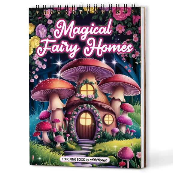 NETHOUSE Magical Fairy Homes Spiral Coloring Book for Adults, A5 Wooden Cover, 30 Coloring Pages of Enchanted Fairy Houses, Mystical Forests, Fantasy Mushroom, and Magical Scenes