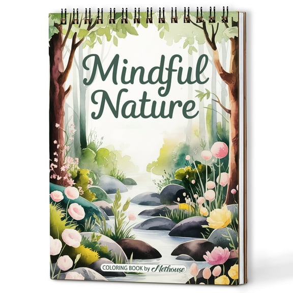 NETHOUSE Mindful Nature Spiral Coloring Book for Adults Relaxation & Stress Relief, A5 Wooden Cover, 30 Beautiful Coloring Pages of Tranquil Forests, Peaceful Landscapes and Soothing Natural scenes