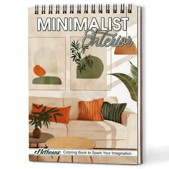 NETHOUSE Minimalist Interior Spiral Coloring Book for Adult, A5 Wooden Cover, 30 Calming Coloring Pages of Elegant Home Decor Designs, Modern Furniture Illustration, Calm Space