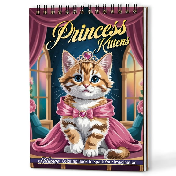 NETHOUSE Princess Kittens Coloring Book Spiral Bound for Adults, A5 Wooden Cover, 30 Elegant Coloring Pages in Royal Cat Palaces for Stress Relief and Relaxation