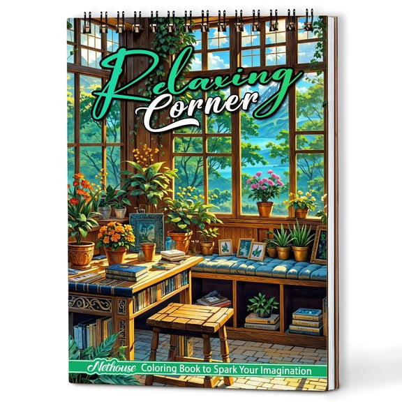 NETHOUSE Relaxing Corner Coloring Book Spiral Bound for Adults, A5 Wooden Cover, 30 Beautiful Coloring Pages of Calming Scenes for Stress Relief and Relaxation