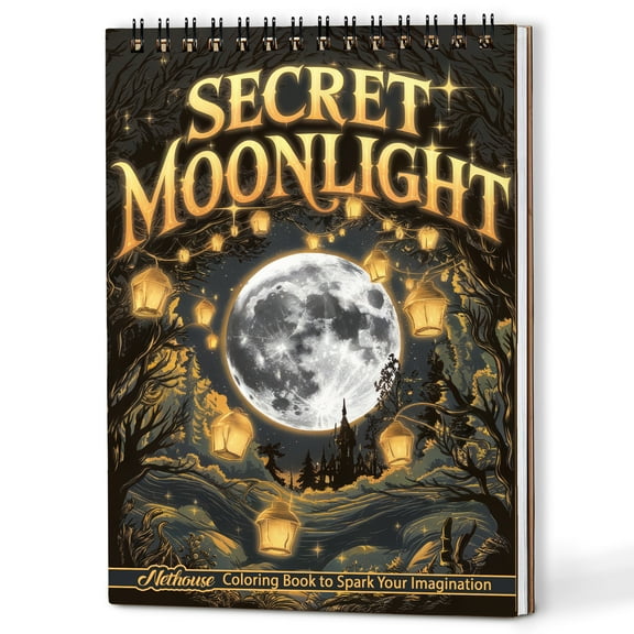 NETHOUSE Secret Moonlight Coloring Book Spiral Bound for Adults, A5 Wooden Cover, 30 Majestic Coloring Pages of Dreamlike Reflective Moonlight for Stress Relief and Relaxation