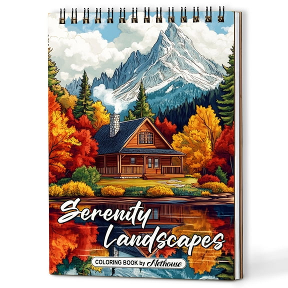 NETHOUSE Serenity Landscapes Spiral Coloring Book for Adults, A5 Wooden Cover, 30 Coloring Pages of Nature Scenes, Scenic Mountain Views, Peaceful Forests, Calming Beach Vistas, Serene Lakes