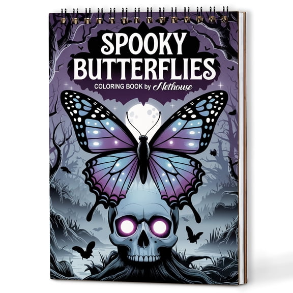 NETHOUSE Spooky Butterflies Spiral Coloring Book for Adults, A5 Wooden Cover, 30 Coloring Pages of Mystical Butterflies, Eerie Skulls, Haunted Wings, Dark Florals and Magical Illustrations