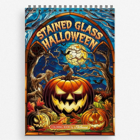 NETHOUSE Stained Glass Halloween Coloring Book For Adults Relaxation & Stress Relief, 30 Coloring Pages of Stained Glass Halloween Scenes, Spooky Designs, Pumpkins, Ghosts, and Gothic Window Art