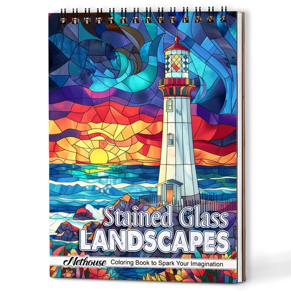 NETHOUSE Stained Glass Landscapes Spiral Coloring Book for Adult Relaxation & Stress Relief, A5 Wooden Cover, 30 Calming Coloring Pages of Scenic Views, Vibrant Nature, Sunset, Peaceful Landscapes