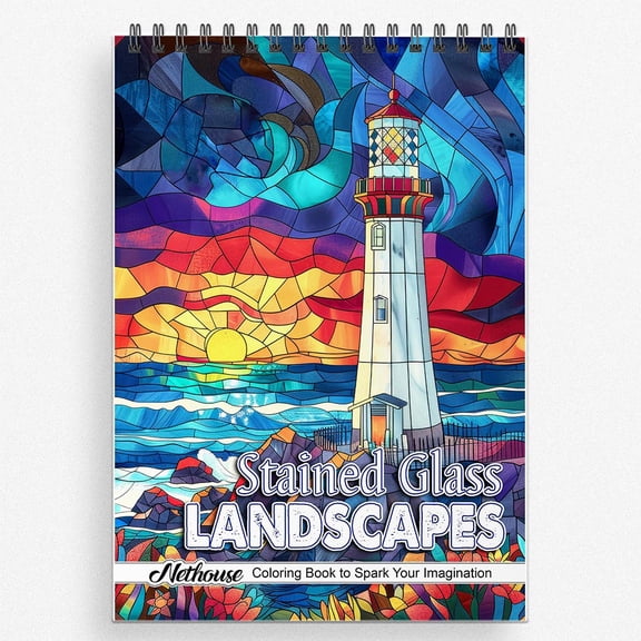 NETHOUSE Stained Glass Landscapes Spiral Coloring Book for Adults Relaxation & Stress Relief, 30 Coloring Pages of Stained Glass Landscapes, Nature Views, and Colorful Designs