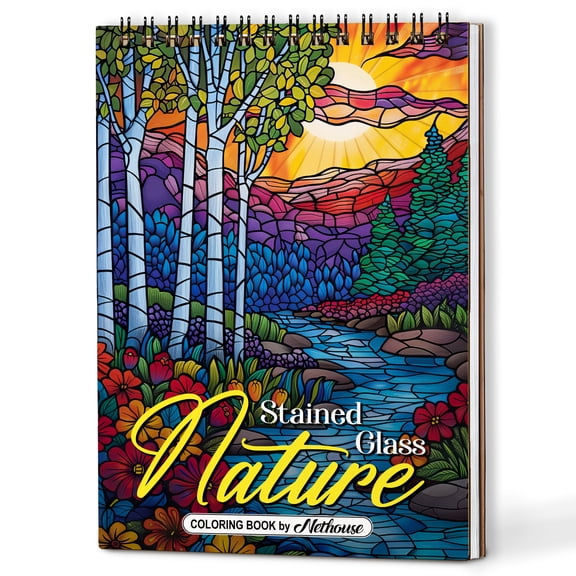 NETHOUSE Stained Glass Nature Spiral Coloring Book for Adults, A5 Wooden Cover, 30 Coloring Pages of Stained Glass Inspired Nature Scenes, Flowers, Trees, Forests & Nature Patterns