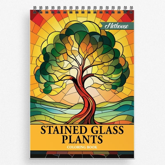 NETHOUSE Stained Glass Plants Coloring Book For Adults Relaxation & Stress Relief, 30 Coloring Pages of Stained Glass Plants, Elegant Leaves, Botanical Designs, and Nature-Inspired Window Art